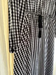 ロングワンピース　ギンガムチェック　ウエストリボン　ゆったり　オールシーズン