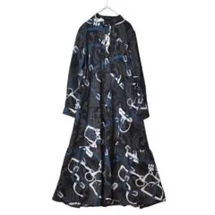 M〜L 幾何学グラフィック ロングワンピース 長袖 レディース/ブラック