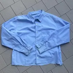 古着 ダメージ 短丈シャツ ボックスシルエット 水色