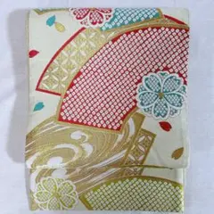 OF239 袋帯 クリーム 赤 水色 花 扇 匿名配送 振袖帯 フォーマル 豪華