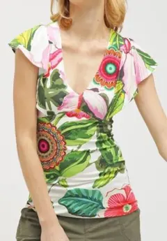 Desigual デジグアル 花柄 ペイントＴシャツ 袖フリル XLサイズのサムネイル