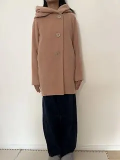 ベージュ ウールコート フード付き