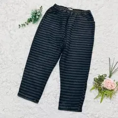 【サマンサモスモス】ボーダーイージーパンツ ❣️ポケット 半端丈 麻 綿 黒茶 M