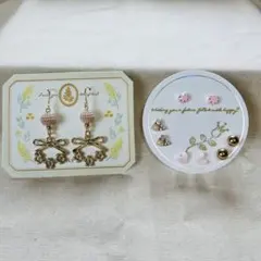 【新品】ゴールド系ピンクデザインパールリボンと花ピアス+ミニピアスセット