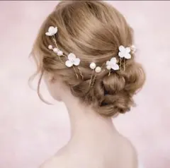 ヘアピンセットゴールド　ヘッドドレス　花　パール　髪飾り　結婚式　パーティー　白