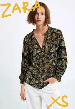 ZARA ブラック グリーン レース ブラウス XS