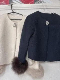 アイボリー・ネイビー ノーカラージャケット 2点セット フォックスファー