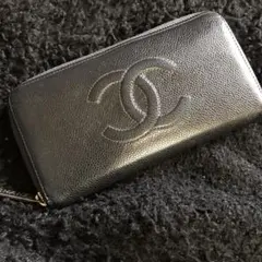 CHANEL キャビアスキン デカロゴ ラウンドファスナー長財布 黒