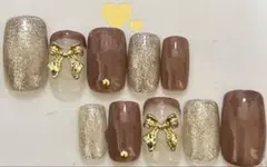 【秋ネイル】ブラウンゴールドリボンハンドメイドネイルチップセット　現品限り