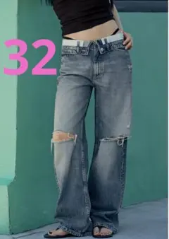 希少 32 サイズ TRF 折り返しウエストミッドライズデニムパンツ ブルー