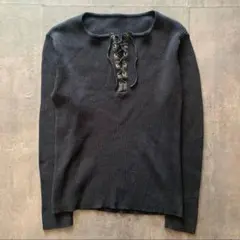 Vintage ブラック レースアップリブニット 長袖トップス