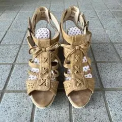 可愛い ゆるふわ リボン ラメ ヒール サンダル 茶色 ブラウン