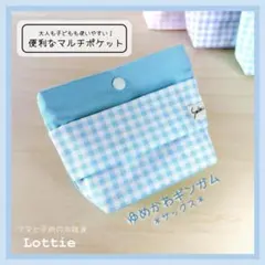 フタなし＆ファスナー付！あんしん多機能移動ポケット＊ゆめかわギンガム＊サックス