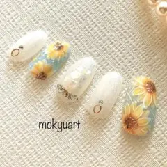 mokyuart56＊ フラワーネイル　ネイルチップ　ひまわり　奥行きフラワー