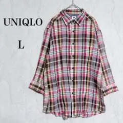 ユニクロ◇リネン混 チェック シャツ 七分袖 L ピンク リネンコットン