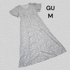 ジーユー GU 花柄 半袖シャツワンピース M グレー Vネック