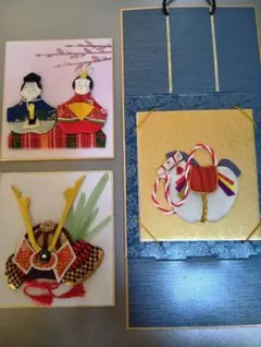 ハンドメイド作品⑤　午(馬)　お雛様　兜　手作り押し絵豆色紙掛け軸付き