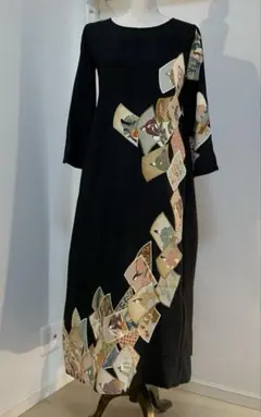 かおたん様専用(百人一首柄金糸刺繍)正絹黒留袖着物リメイクワンピース42506