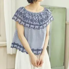 earthmusic&ecology 新品 ストライプ刺繍オフショルプルオーバー