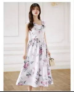 アシンメトリービッグカラーフラワープリントワンピース　ピンク