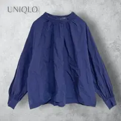 【UNIQLO ユニクロ】　ハイネックボリュームスリーブブラウス　洗える　紺色