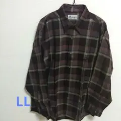 エンジ　チェックシャツ　LL ゆったり　長袖　日本製　メンズ　紳士