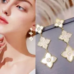 ◆インポートピアス◆ラスト1点要コメント◆3連シェル風ビジューフラワーピアス