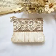 再販【 12cm 】ティッシュケースポーチ　インド刺繍 くすみピンク レース