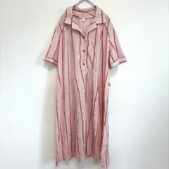 ヴィンテージ ロングワンピース オープンカラー 半袖 ストライプ XL 赤 白