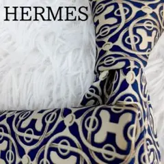 美品◎HERMES エルメス ネクタイ 幾何学模様 総柄 ネイビー ベージュ