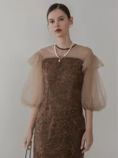 フラワースパンコールシアーフリルスリーブIラインワンピースドレス結婚式パーティー