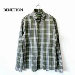 BENETTON ベネトン 長袖メンズシャツ チェック柄 グリーン カジュアル