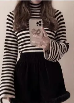 GRL ボーダー柄フレアスリーブリブニットトップス