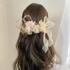和玉とロングリボンのドライフラワー髪飾り　金箔　水引付　卒業式　袴　ピンク