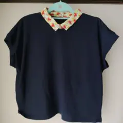 レトロガール　ネイビー 半袖Tシャツ 花柄襟のサムネイル