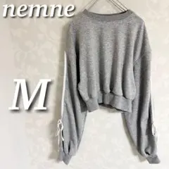 nemne リボン付きスウェット　トレーナー　ショート丈　裏毛　長袖　グレー　M