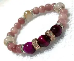 ローズレッドタイガーアイ　 天然シャンパン＆スノー　サンストーン　ブレスレット