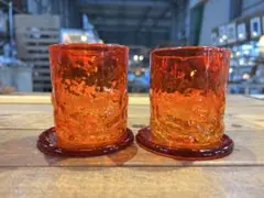 琉球グラス 2個セット 赤 オレンジ ロックグラス　ソーサー付き