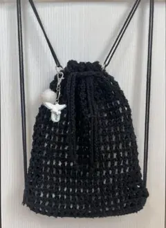 ハンドメイド　ナップサック　編み物　ブラック