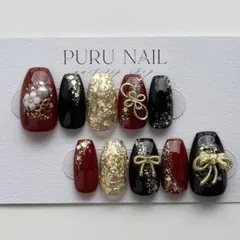 349【現品】◾️成人式ネイル×花柄×和装×金箔×赤×黒◾️ネイルチップ