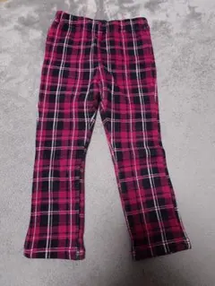 100cmピンク チェック柄 ロングパンツ 裏起毛