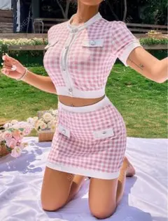 美品✨ピンクチェック セットアップ ♡