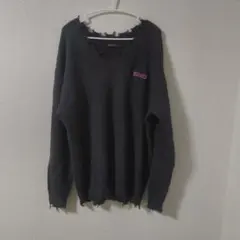 韓国風　メンズ　オーバーサイズニット　フリンジ加工　グレー　ブラック　Vネック