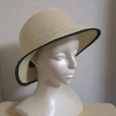 ベージュ ストローハット リボン付き