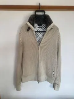 リブ編みジップアップフリース襟ニットジャケットベージュ