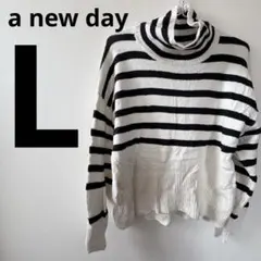 a new day 【L】タートルネック ボーダーニット　白　黒　おしゃれ