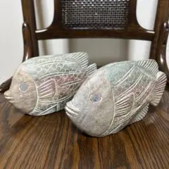［2個セット］アンティーク 木彫り魚 オブジェ チーク材 置物 インテリア タイ