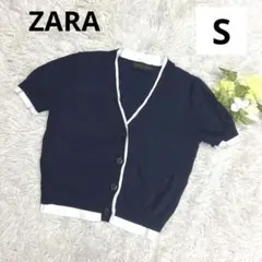 美品　ZARA レディースカーディガン半袖　薄手　サマーニット　ネイビー×白　Sのサムネイル