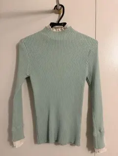 ミントグリーン リブ編み ハイネック トップス