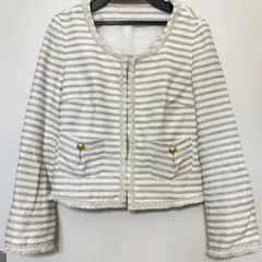ボーダー柄 ノーカラージャケット フリンジ ゴールドボタンのサムネイル